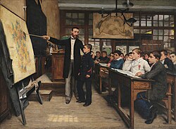 A painting by Alphonse-Marie-Adolphe de Neuville from 1887 depicting French students being taught about the lost provinces of Alsace-Lorraine, taken by Germany in 1871