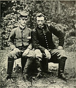 Custer with former classmate, friend, and captured Confederate soldier, Lieutenant James Barroll Washington, an aide to General Johnston, at Fair Oaks, Virginia, 1862