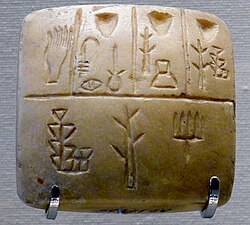 A tablet with proto-cuneiform pictographic characters, end of 4th millennium BC, Uruk III. This is thought to be a list of slaves' names, the hand in the upper left corner representing the owner.[5]