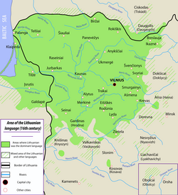 Area where Lithuanian was spoken in the 16th century