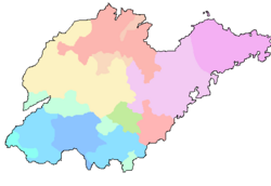Dialect divisions of Shandong according to the Language Atlas of China (Dengzhou, Dalian) (Qingzhou) Jilu Mandarin (influenced by Jiaoliao Mandarin) (Zhangqiu, Lijin) Jilu Mandarin Jilu Mandarin (influenced by Zhongyuan Mandarin) Zhongyuan Mandarin (influenced by Jilu Mandarin) (Luoyang, Xuzhou) (Zhengzhou, Caozhou)(Xincai, Qufu)
