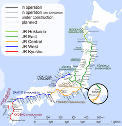 Map of Shinkansen lines (excluding the Hakata-Minami Line and Gala-Yuzawa Line extension)