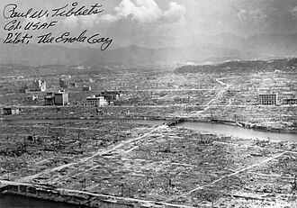 Aftermath of the atomic bomb explosion over Hiroshima (August 6, 1945), to date one of the only two times a nuclear strike has been performed as an act of war