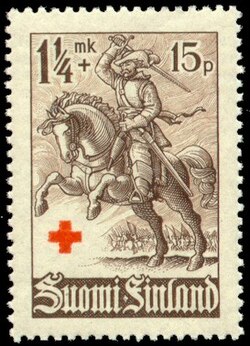A cavalryman of Hakkapeliitta, the Finnish cavalry of Thirty Years' War, featured on a 1940 Finnish stamp