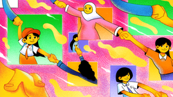 Illustration of various people drawn in yellow standing in different colored boxes, all holding hands and smiling