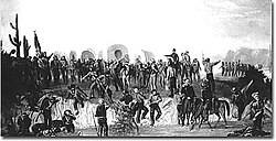 Painting of the Mormon Battalion by George M. Ottinger, arriving at the Gila River near present day Gila Bend AZ during their 1846 advance through northern Sonora, Mexico, now the present day southern Arizona, United States.