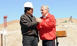 President Morales with president of Chile Sebastián Piñera at the gold-copper mine San José during the Chilean mining accident and the rescue of 33 miners in 2010, who were trapped for more than two months more than 2,000 feet below the surface.[233]