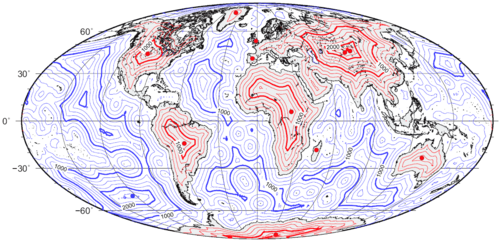 Map of distance to the nearest coastline[69] (including oceanic islands, but not lakes) with red spots marking the poles of inaccessibility of main landmasses, Great Britain, and the Iberian Peninsula, and a blue dot marking the oceanic pole of inaccessibility. Thin isolines are 250 km (160 mi) apart; thick lines 1,000 km (620 mi). Mollweide projection.