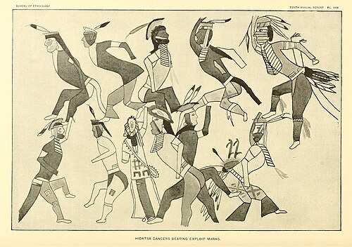 Celebrating Hidatsa warriors with exploit marks on body and dress. "X" designates a coup and "U" turned upside down designates captured horses. Drawn by a Hidatsa in the late 19th century.