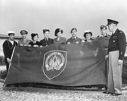 Gen. Dwight Eisenhower in front of the flag of SHAPE on 8 October 1951
