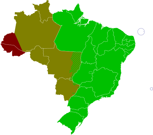 Time in Brazil, since 25 April 2019. Time in Brazil ACT Acre Time UTC−5 (BRT–2) AMT Amazon Time UTC−4 (BRT−1) BRT Brasília Time UTC−3 (BRT) FNT Fernando de Noronha Time UTC−2 (BRT+1)