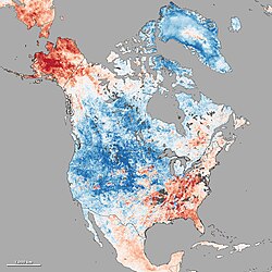 Cold wave in continental North America from Dec. 3–10, 2013. Red color means above mean temperature; blue represents below normal temperature.