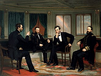 Grant (center left) next to Lincoln with General Sherman (far left) and Admiral Porter (right) – The Peacemakers by George Peter Alexander Healy, 1868