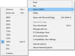 Page zoom as seen in IE11. The lowest allowed manual zoom level is 10%, and the highest 1000%.[66]