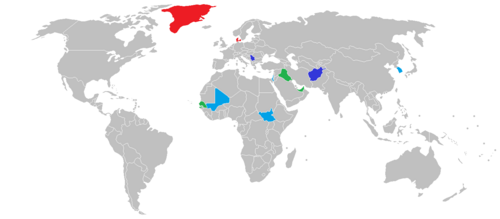 Red: national, light blue: UN, dark blue: NATO, green: coalitions