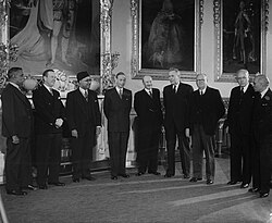 Commonwealth premiers along with King George VI, then the King of Pakistan, at Buckingham Palace for the Commonwealth Prime Minister's Conference in April 1949. Liaquat Ali Khan is third from the left.