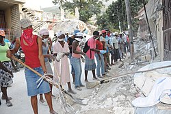 The UN Development Programme employed hundreds of Haitians to clear roads and to make fuel pellets in a cash-for-work scheme.