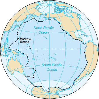 Area inside the black line indicates the area constituting the Pacific Ocean prior to 2002; darker blue areas are its informal current borders following the recreation of the Southern Ocean and the reinclusion of marginal seas.[35]