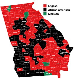 Largest alone or in any combination ethnic origin by county in Georgia, per the 2020 census [67]
