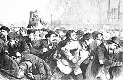The Depression of 1873–79: Illustration of New York City police violently attacking unemployed workers in Tompkins Square Park, Manhattan, New York City, 1874