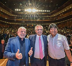 Morales with Brazilian President Luiz Inácio Lula da Silva and Argentine President Alberto Fernández, Buenos Aires, 24 January 2023
