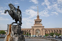 Yerevan railway station, with Yervand Kochar's statue of David of Sassoun
