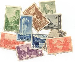 In 1934, a series of ten postage stamps was issued to commemorate the reorganization and expansion of the National Park Service.