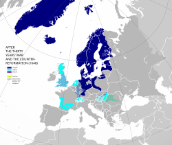 Approximations of the Reformation & the Counter-Reformation at the commonly-used end year of 1648, superimposed on modern European borders