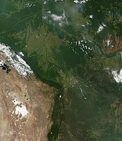 The Andes Mountains block rain and moisture from the Amazon basin to the west (Bolivia).