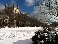 The campus in winter, with snow covering the ground