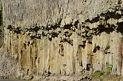 Columnar basalt near Tower Fall; large floods of basalt and other lava types preceded mega-eruptions of superheated ash and pumice.