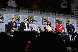 Director Steven Spielberg (far left) and Ernest Cline with the cast of Ready Player One at San Diego Comic-Con. From third of left: Tye Sheridan, Olivia Cooke, T.J. Miller, and Ben Mendelsohn.
