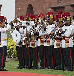 The regimental band during the visit of US Defence Secretary Chuck Hagel at a Tri-Services Guard of Honour ceremony in New Delhi, 8 August 2014.