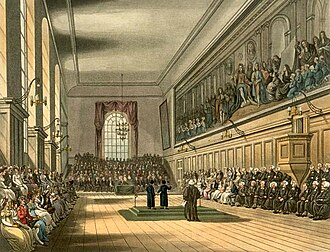 The Blue Coat School (in this case Christ's Hospital, London) as drawn by Augustus Pugin and Thomas Rowlandson for Rudolph Ackermann's Microcosm of London (1808–1811). The picture shows the Great Hall on St. Matthew's Day, September 21. Two senior boys destined for scholarships to Oxford and Cambridge Universities, known as Grecians, gave orations in praise of the school, one in Latin and the other in English.