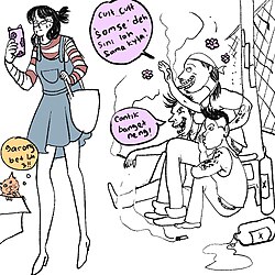 A woman wearing a dress sweats as she watches her phone, walking by a group of three men who whistle and laugh at her. One waves, saying "cuit...cuit 'somse' deh sini lah sama kyla!". Another says "Cantik banget neng!" The men smoke and bottles of liquor rest near them. A cat in a box nearby thinks "garong bet luh 3!!"