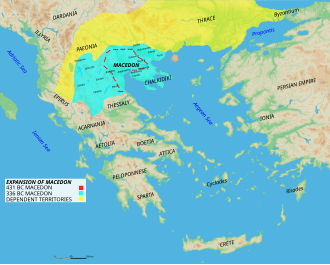 Map of the Kingdom of Macedon at the death of Philip II in 336 BC (light blue), with the original territory that existed in 431 BC (red outline), and dependent states (yellow)