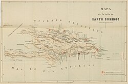 Towns controlled by the Spanish Army in Santo Domingo on 1 December 1864 (solid red), and towns occupied earlier in November 1864 (red outline).