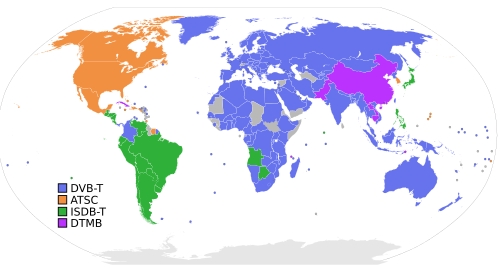 Map of digital terrestrial television broadcasting standards by country