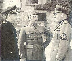 Francisco Franco (centre) and Ramón Serrano Suñer (left) meeting with Mussolini (right) in Bordighera, Italy in 1941. At Bordighera, Franco and Mussolini discussed the creation of a Latin Bloc.[73]