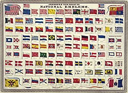 Johnson's new chart of national emblems, published c. 1868. The large flags shown in the corners are the 37-star flag of the United States (flown 1867–1890), upper left; the Royal Standard of the United Kingdom, upper, right; the Russian Imperial Standard, lower left; and the French tricolore with inset Imperial Eagle, lower right. Various other flags flown by ships are shown. The Flag of Cuba is labelled "Cuban (so called)". The Chinese dragon on the Flag of China was drawn mistakenly as a western dragon.