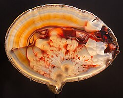When backlit, thin slices of agate can occasionally show their fibrous structure as lines running perpendicular to the bands (top)[1]