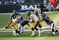 Steelers quarterback Ben Roethlisberger sacked by Bart Scott and Jarret Johnson