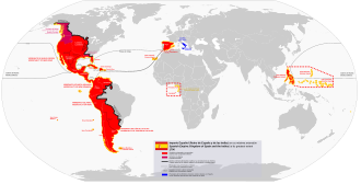 Spanish Empire in 1790. In North America, Spain claimed lands west of the Mississippi River and the Pacific coast from California to Alaska, but it did not control them on the ground. The crown constructed missions and presidios in coastal California and sent maritime expeditions to the Pacific Northwest to assert sovereignty.