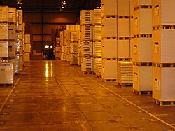 A forklift operator stacking warehouse of goods on pallets in Allentown, Pennsylvania, in April 2004