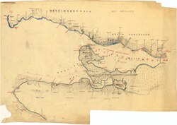Draft map of villages and landmarks with their Indigenous names, Burrard Inlet and English Bay, by Vancouver archivist J. S. Matthews
