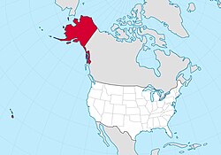 Map highlighting Alaska and Hawaii's geographical relationship to the contiguous United States. Alaska, in red, is in the upper part of the map, while Hawaii is the islands also in red to the far left. Contiguous US is near the center in white