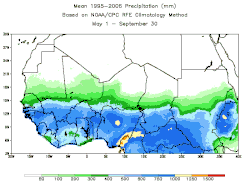 10 year average precipitation during the summer rainy season (May–September) in the Sahel and adjacent regions