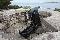 64 Pounder Rifled Muzzle-Loader (RML) gun on Moncrieff disappearing mount, at Scaur Hill Fort, Bermuda