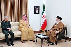 Ayatollah Ali Khamenei with Saudi Arabia's Defense Minister Khalid bin Salman and Major General Mohammad Bagheri on 17 April 2025
