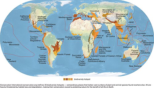 Map of the world's biodiversity hot spots, all of which are heavily threatened by habitat loss and degradation